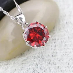 Silver 925 Round Pendant Necklace for Women Red Cubic Zirconia White Crystal Wedding Accessories