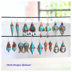 E007 Indian Vintage Hand Earring Pair Lovely for Girls Many Designs Copper Inlay Colorful Stone