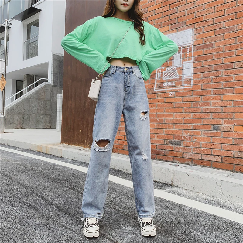 

High waist Wide-leg Jeans Women Fashion Drape Ripped Maxi Pants Loose Straight Mopping Denim Trousers S-5XL