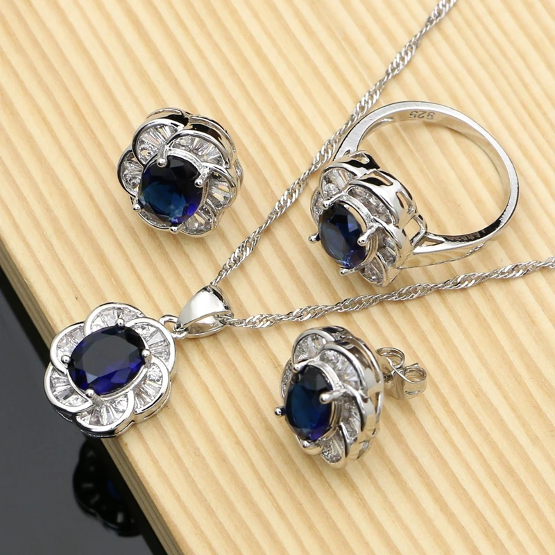 

Blue Zircon White CZ Jewelry Sets For Women 925 Silver Jewelry Earrings/Pendant/Necklace/Rings