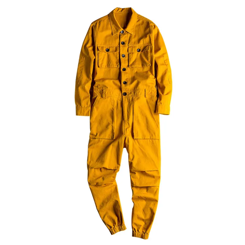 New Loose Overalls Men's Jumpsuit Long Sleeve Lapel Beam Feet Cotton Hip Hop Cargo Pants Green Black Yellow Workwear Trousers