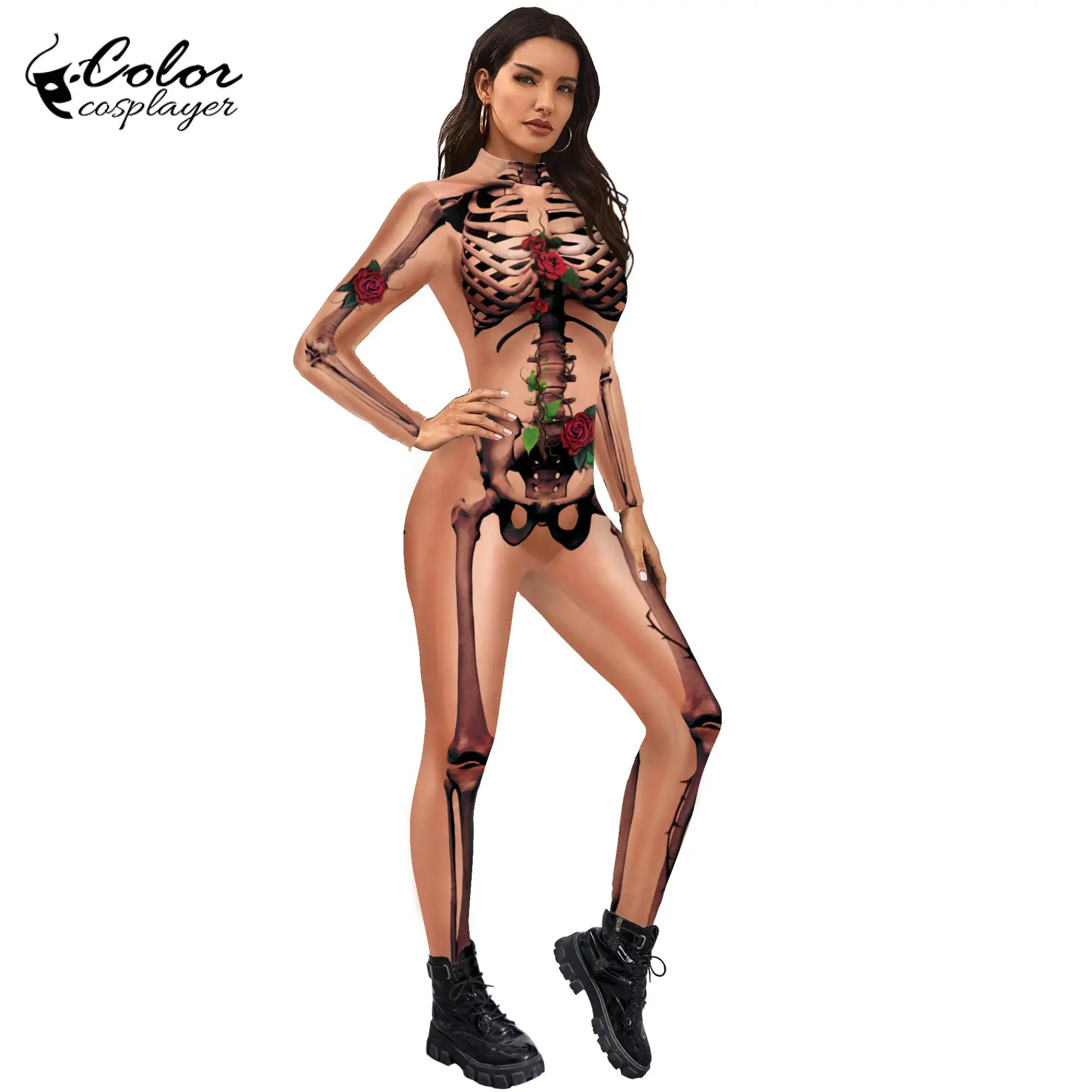 Farbe Cosplay Halloween Kostüm Karneval Party Overall menschlichen Körper Skelett Cosplay Kostüm Zentai Catsuit Frauen Bodysuit