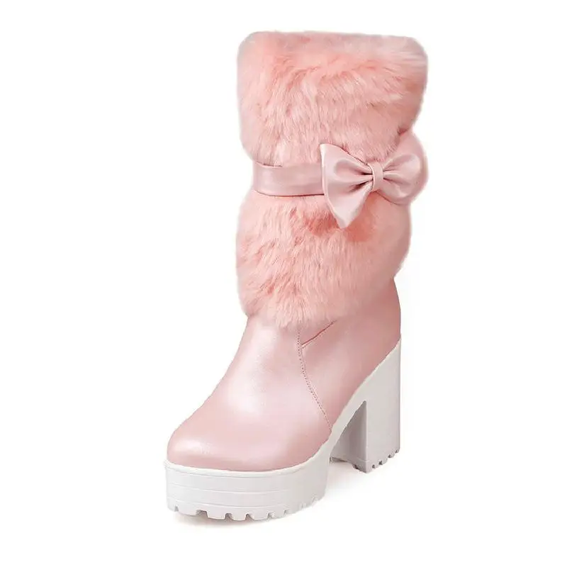 High-heeled snow boots female Lolita sweet bow student fur boots plus cashmere keep warm women shoes cute bowknot kawaii snow