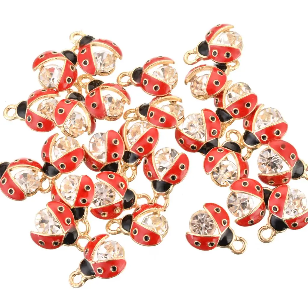 Cute Insect Charms Ladybug Animal Gold Color Metal Multicolor Rhinestone Pendants DIY Making Necklace Jewelry 15mm x 11mm,10PCs