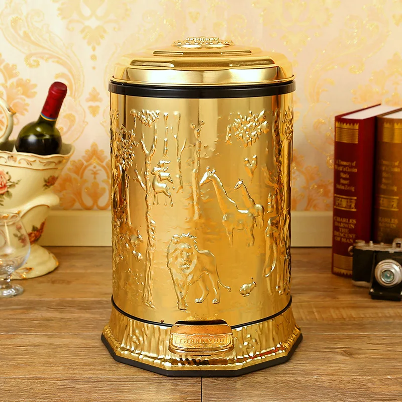 

Luxury 10/6 gold color stainless steel metal trash bins garbage cans with foot pedal trash box for home decor LJT011