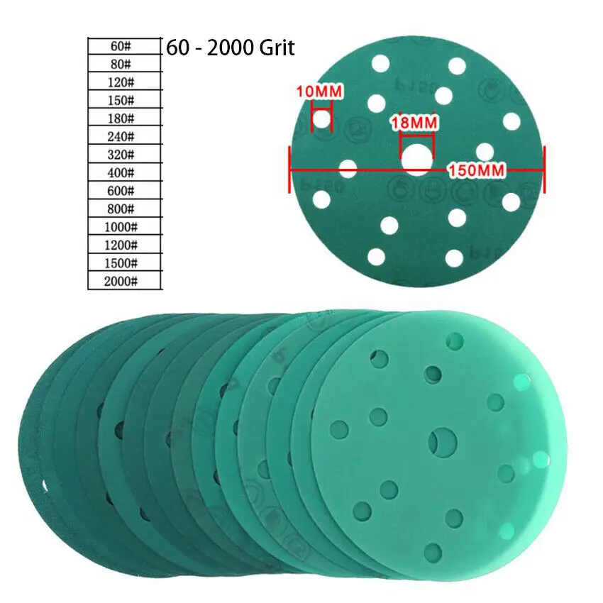6 Inch 150mm Wet & Dry Sanding Discs Film Sandpaper Pads Hook Loop 60-2000 Grit 15 Hole