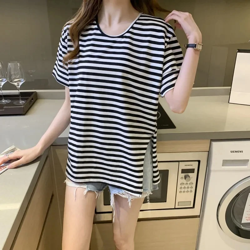 Classic Cotton T Shirt Women Summer New Oversized Striped Black Grey Color Casual Loose Tshirt Russian Style O Neck Female Tops