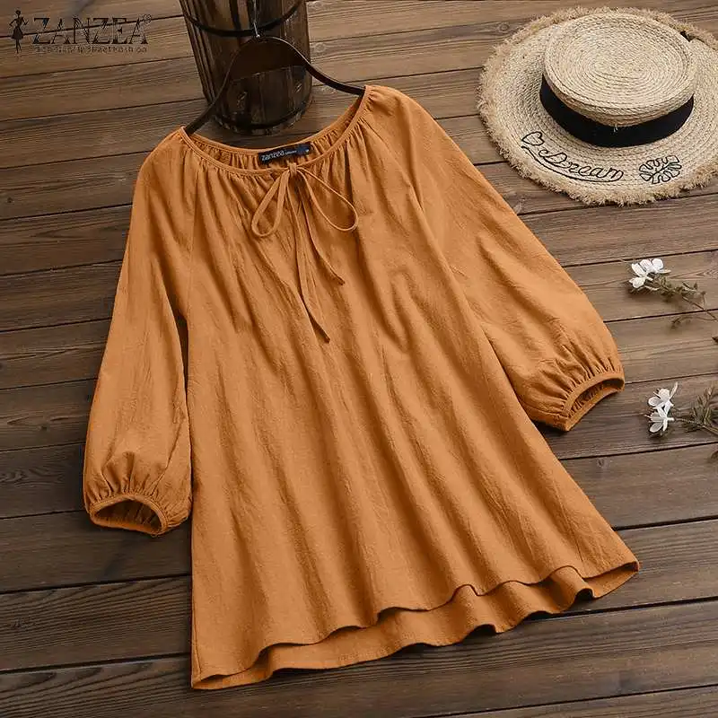 Frauen 2023 Sommer Blusen ZANZEA Solid Puff Sleeve Tops Weibliche Vintage Baumwolle Hemd Casual Kordelzug O Neck Blusa Oversize