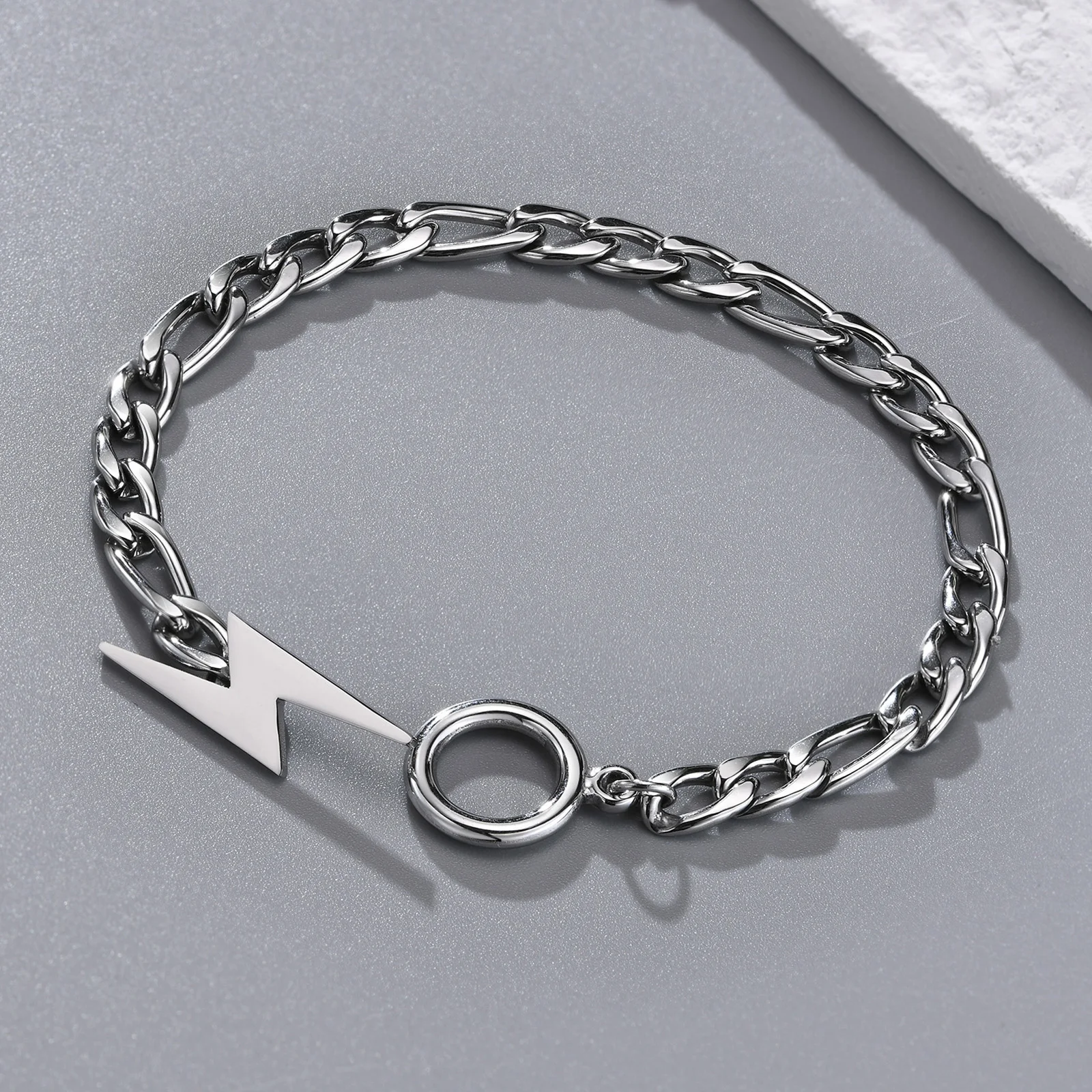 Stainless Steel Lightning Bolt Figaro Chain Bracelet for Men Jewelry