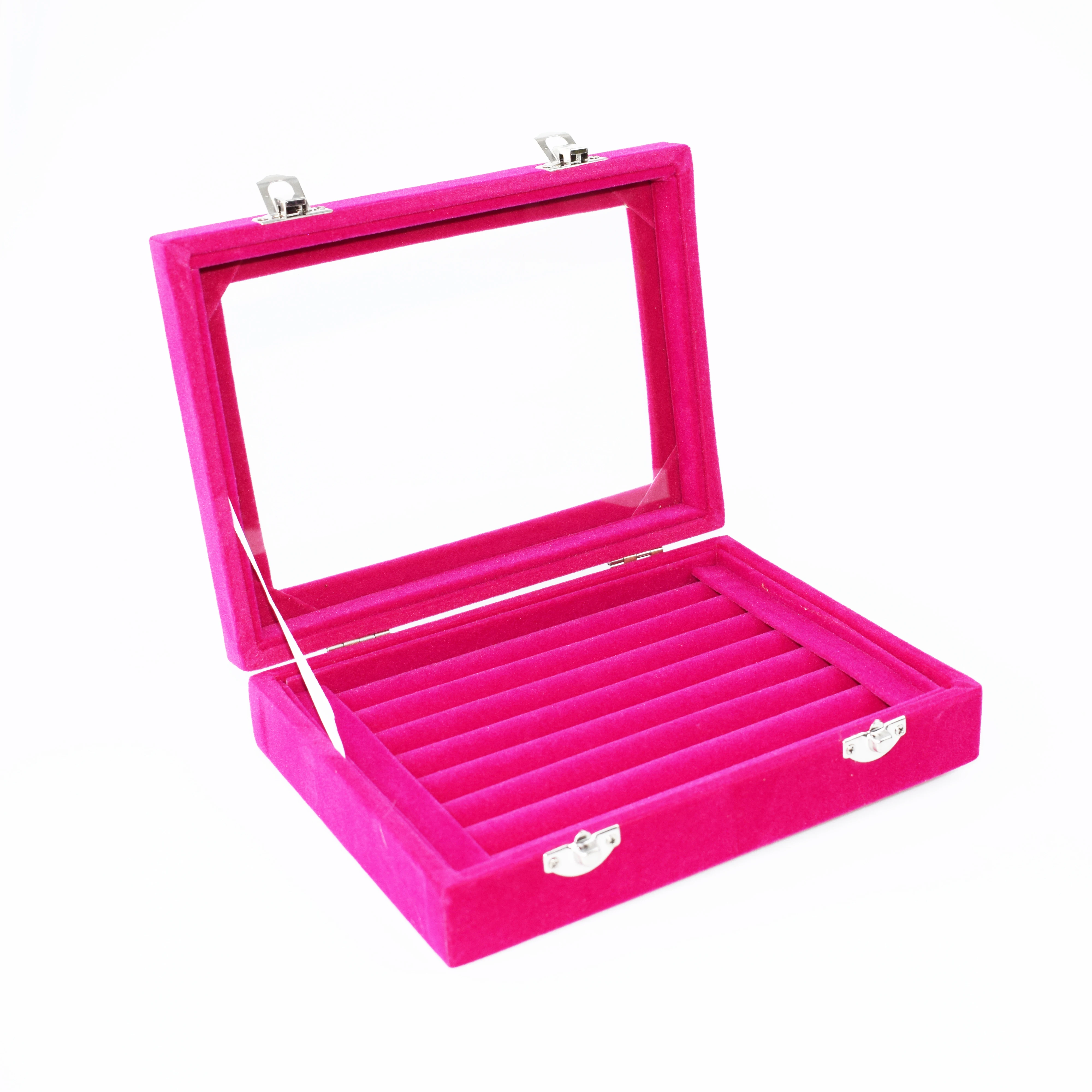 Caixa de exibição de veludo rosa quente 7 slots caixa organizadora de anel de brinco bandeja de jóias cufflink vitrine de armazenamento com tampa de vidro transparente