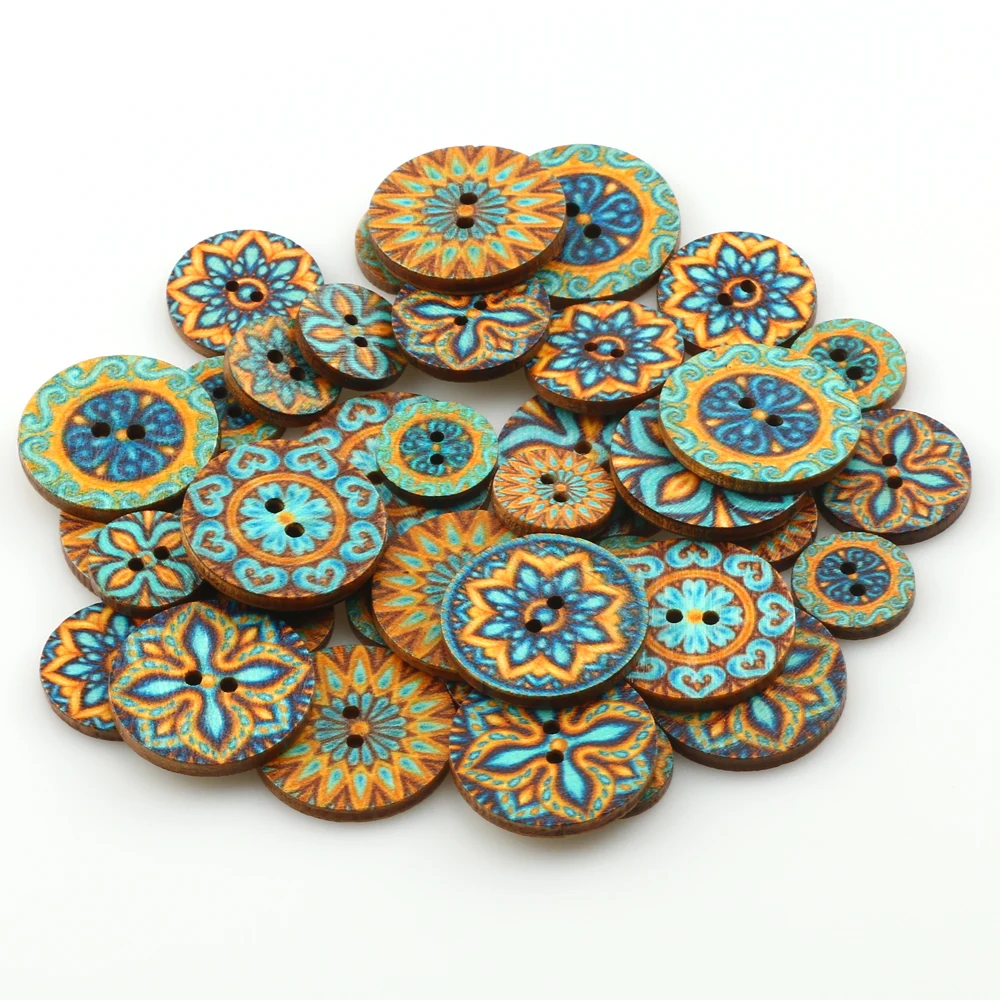 50pcs Blue Vintage Wooden Buttons 2 Holes 15/20/25mm Mixed Buttons for Clothes DIY Sewing Buttons Decorative Clothing Crafts