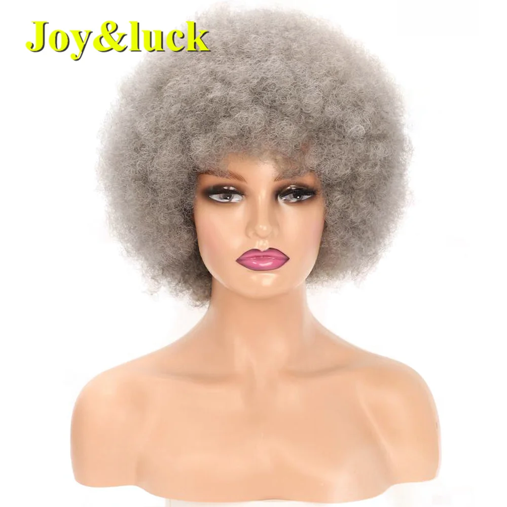 

Synthetic Wigs Cosplay Short Curly Grey With Bangs Women Wig Afro Kinky Fluffy Female Curls Hair