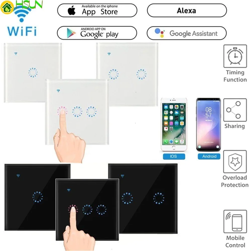 

US/EU/AU Standard Touch Switch Smart Light Switch Panel Wall interruptor 1/2/3 Gang wifi Voice Work with Alexa Google Home APP