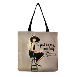 Hipster Audrey Hepburn Graphic Design Tote Woman With Hood Printed Handbag Brown Large Capacity Eco Friendly Shopping Bag Female