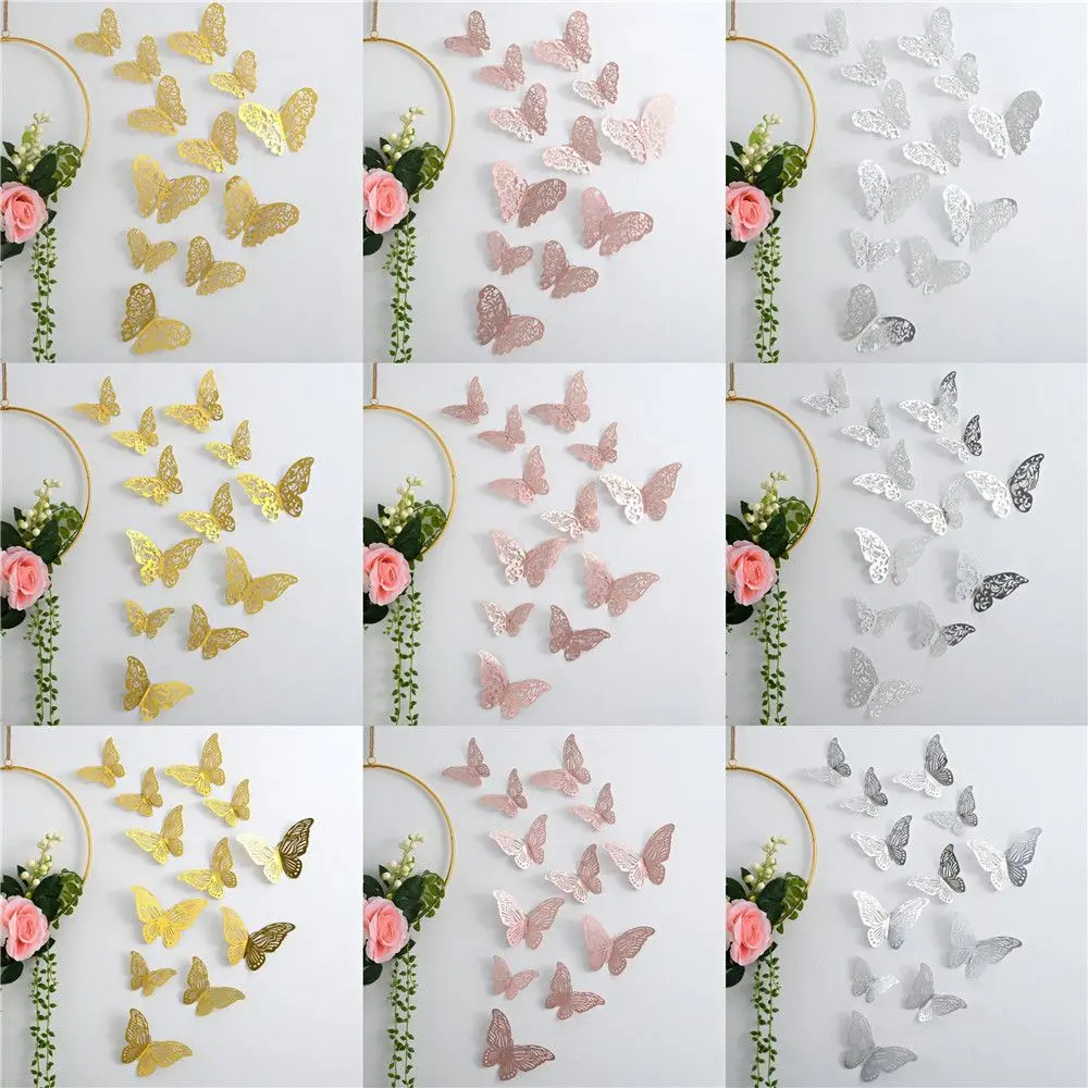 12 pz/set 3D Hollow Butterfly Wall decalcomanie adesivi farfalle fai da te Art Wall Decor Wedding Festival Wallpaper decorazione della casa