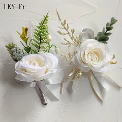 LKY Fr Boutonniere flores de boda, ramillete de muñeca, pulsera de seda de marfil, rosa, novio, ojal, dama de honor, matrimonio, accesorios de novia