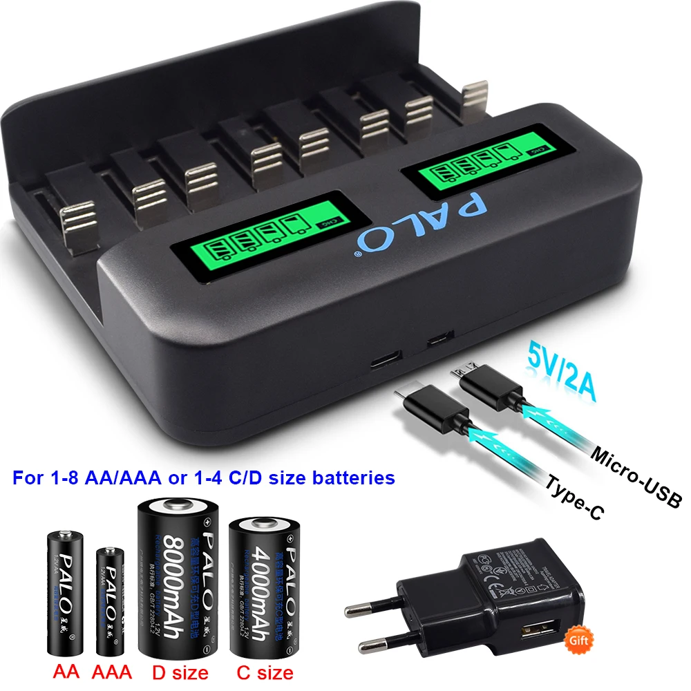 Palo – batterie Rechargeable de type C 1.2V, avec écran LCD, chargeur rapide pour batterie NiMh NiCd AA AAA SC C D 1.2V