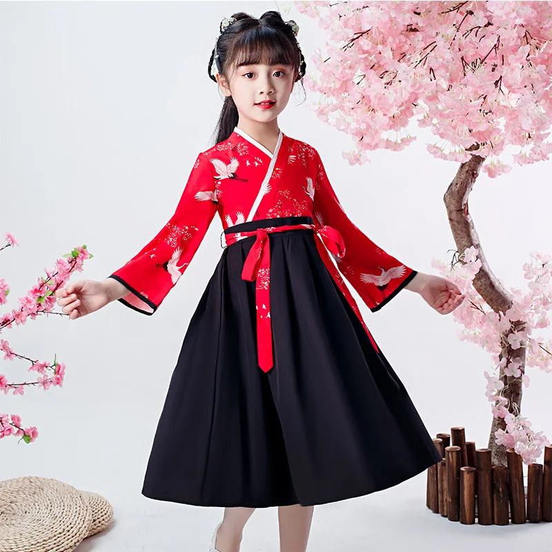 Asian Style Chinese Traditional Dance Clothes Hanfu Dress for Girl Kids Japanese Kimono Yukata Embroidery Animal Print Costumes