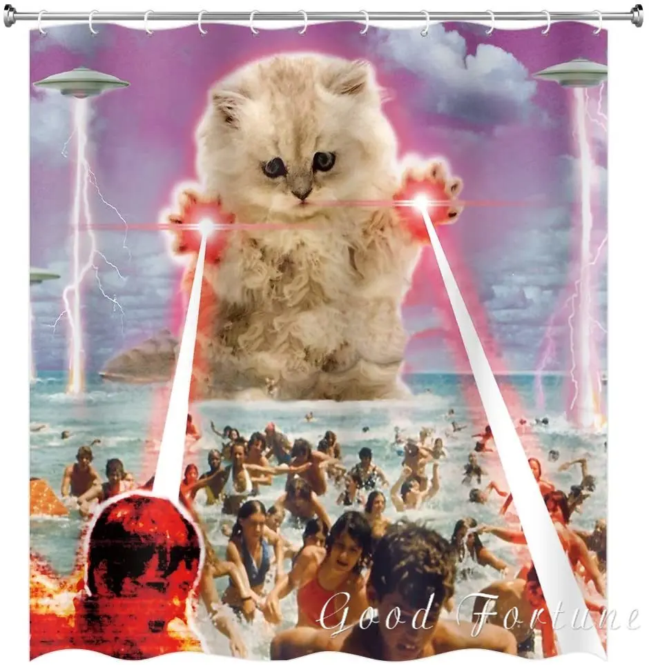 Interesting Alien Kittens, Beach-catching Human Shower Curtains, Waterproof Polyester Fabric Bathroom Decorative