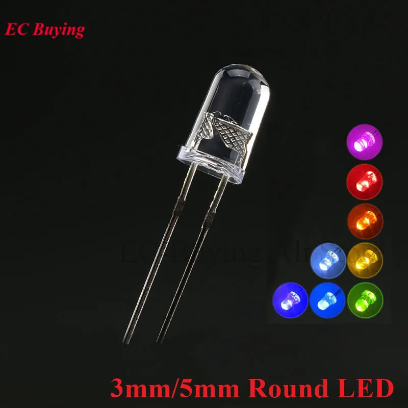 10szt/lot F3 3mm F5 5mm LED Okrągła dioda elektroluminescencyjna Biały Czerwony Zielony Niebieski Żółty Fioletowy Przezroczysty Ultra Jasny Koralik Lampy DIY