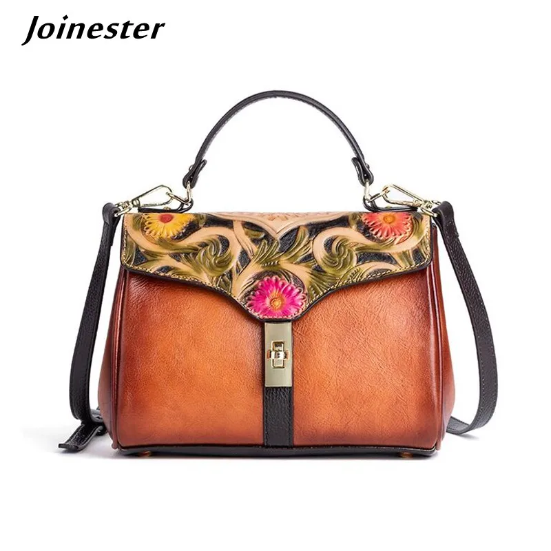 Genuine Leather Vintage Handbag for Ladies Fashion Flap Shoulder Bag with Lock Ethnic Full Grain Leather Versatile Messenger Bag
