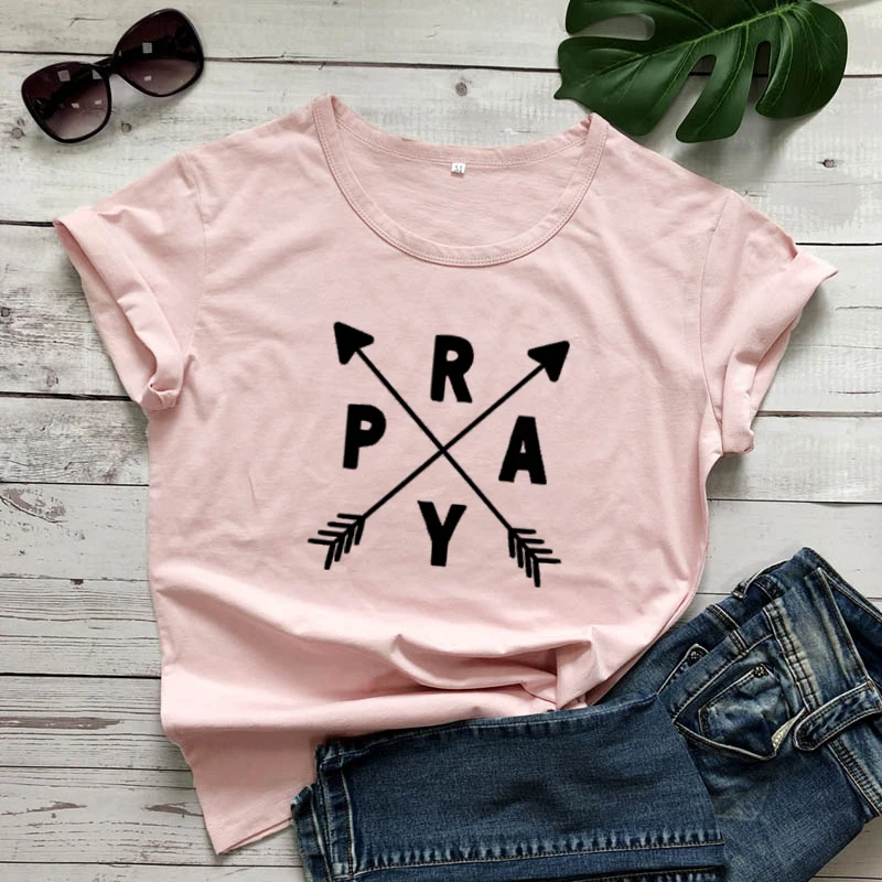 Pray Arrow Print T-shirt Vintage Women Christian Church Religion Tshirt Casual Unisex Short Sleeve Graphic Jesus Faith Tees Tops