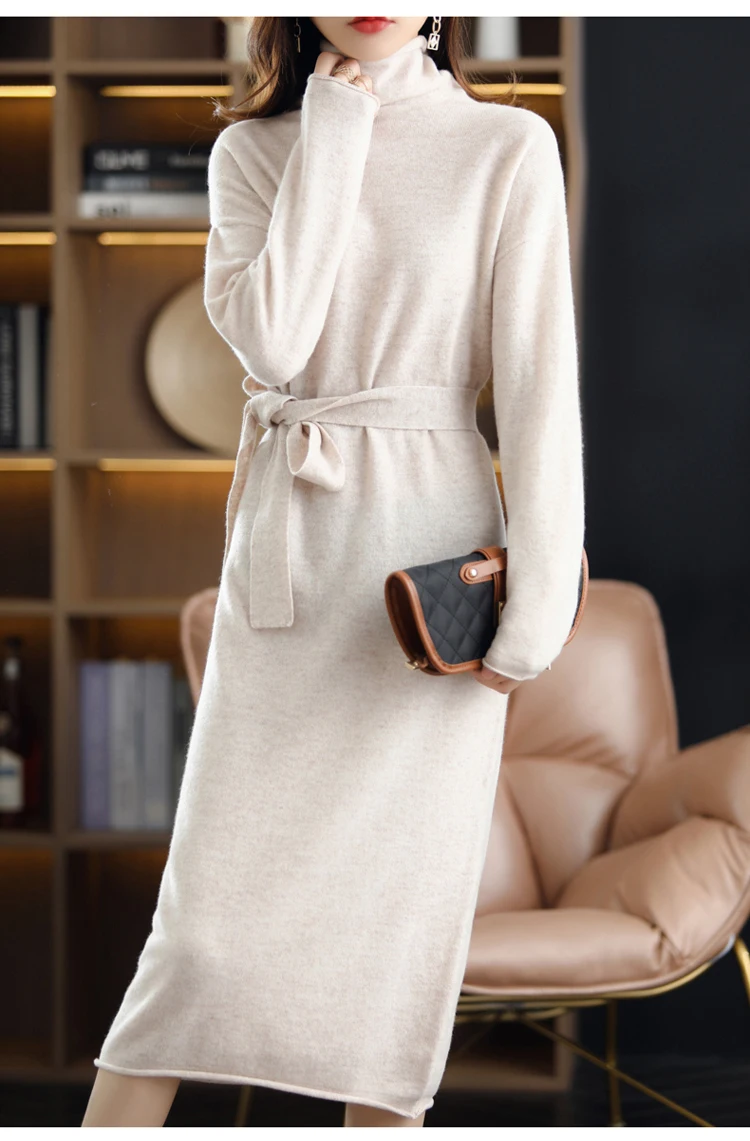26 The New Pullover 100% Wool Ladies Dress Solid Color Long-Sleeved Knitted Fashion Slim Long High-Neck Cashmere Dress Sweate