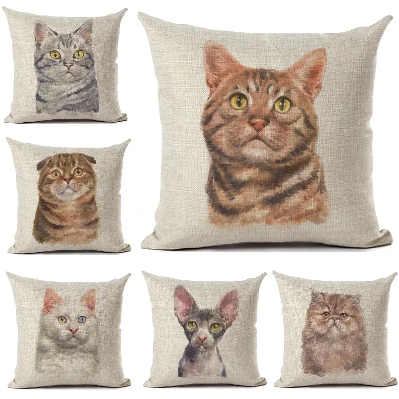 

Cushion Cover Watercolor Cute Cat Printed Linen Pillow Cover Car Sofa Decorative Throw Pillows Home Decoration Pillowcase