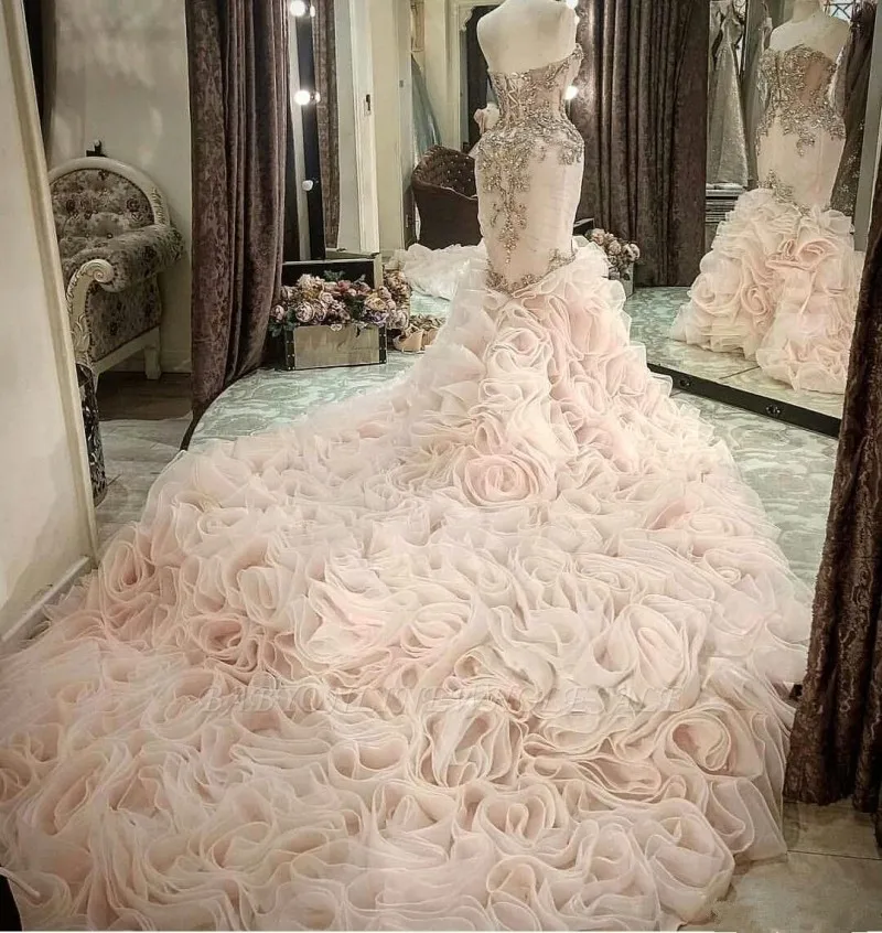 Vestidos de casamento sereia com babados em cascata, cristais querida, espartilho frisado, vestidos de noiva longos, vestidos africanos sem encosto, luxo, 2024