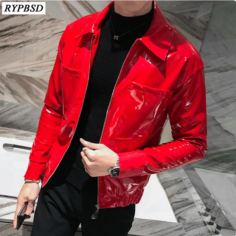 

Red Leather Jacket Men PU Faux Leather Outerwear Fashion Casual Long Sleeve Turn Down Collar Zipper Biker Jacket Men Black M-3XL