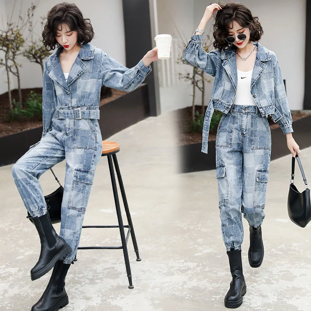 Europese Goederen Tooling Denim Pak Vrouwen 2021 Lente Herfst Trend Fashion Denim Korte Jas Denim Broek Casual Tweedelige pak