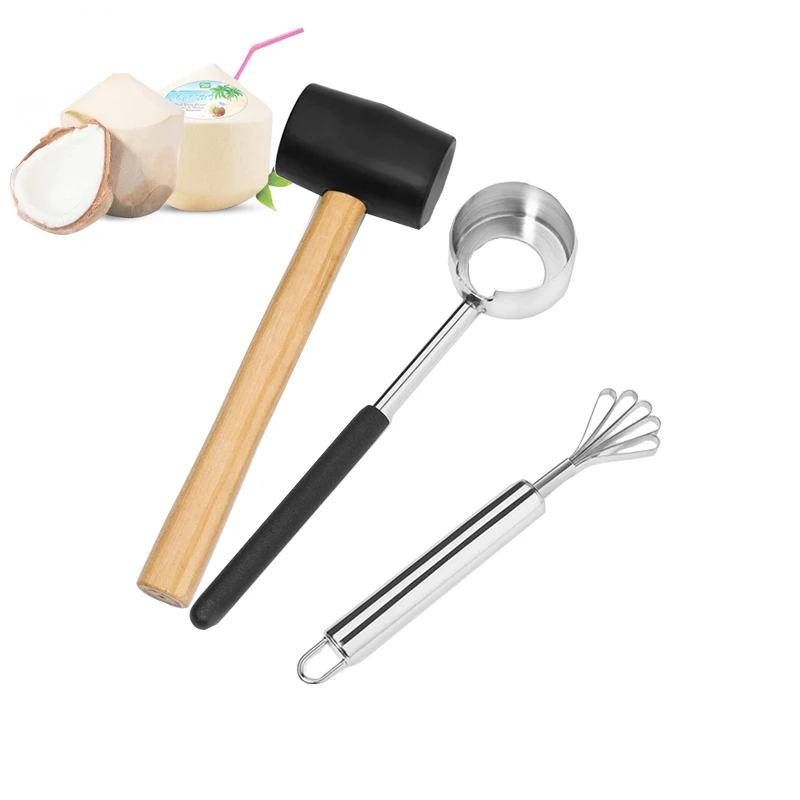 

Coconut Opener Set Coconut Opening Tool + Rubber Hammer + Coconut Meat Removal Scraper, Safe & Easy To Open Coconut