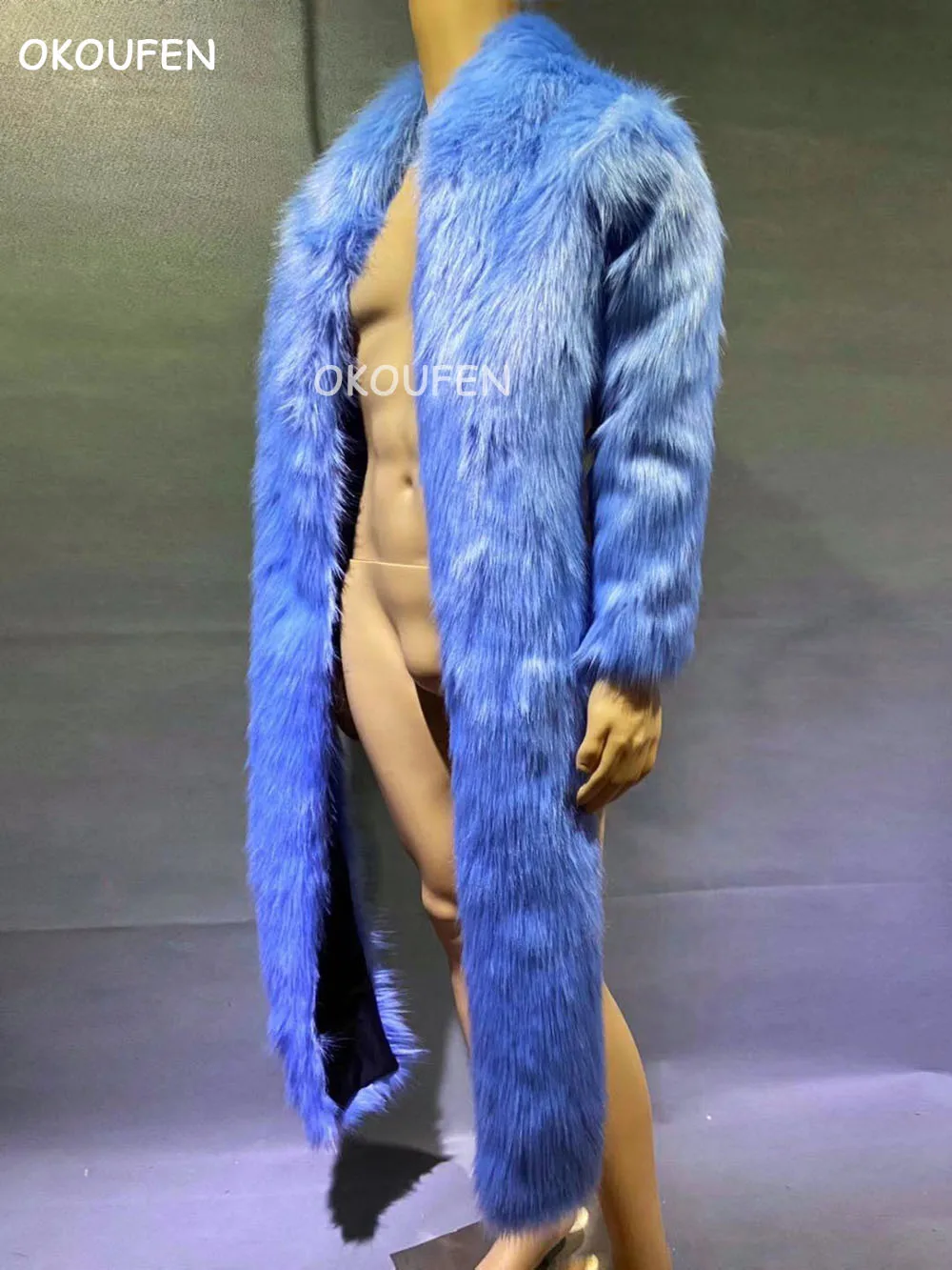 Cool New Nightclub male singer Blue Long Fur coat Party show dance team stage performance wear