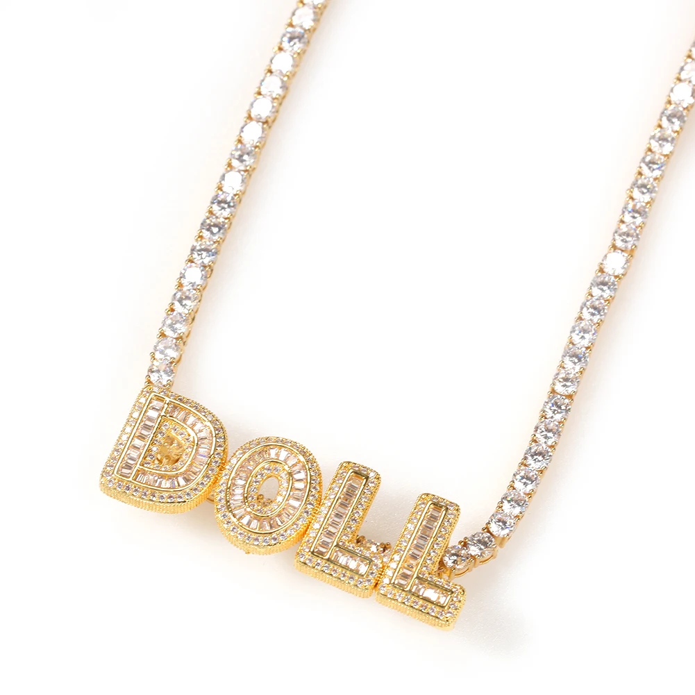 TBTK Custom Small Baguettecz Letter Back Clasp Pendant Necklace With CZ Tennis Necklaces Zirconia For Women And Men Jewelry