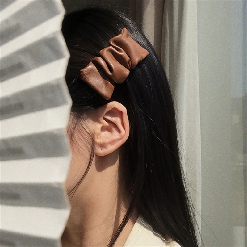 HUANQI 2021 Vintage Pleated Pu Leather Colorful Side Bangs Clip Barrette Rectangle Hairpin for Women Girls Hair Accessories