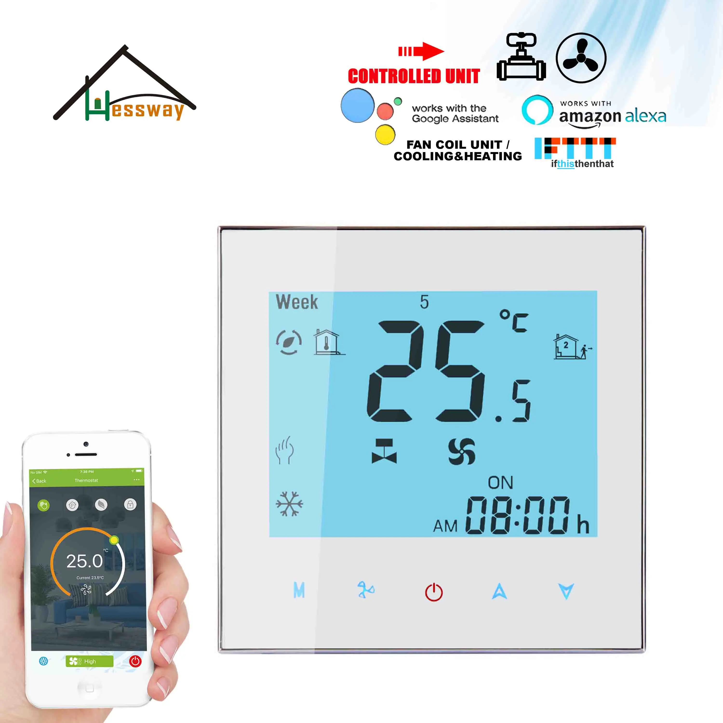 

HESSWAY 0-10V Proportional Fan WIFI THERMOSTAT for 100% valve management Cooling Heating Optional MODBUS&RS485 Remote Control