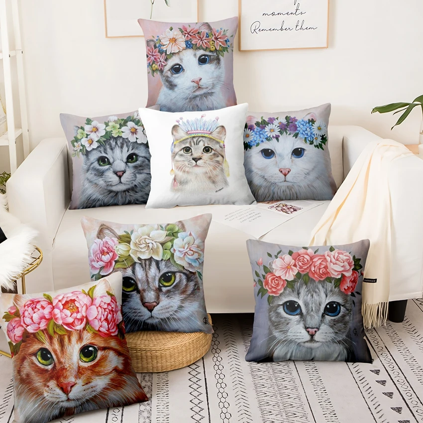 Home Decoration Pillow Cat With Flowers Printed Cushion Decorative Pillows Cartoon Animal Home Decor Sofa Throw Pillows 45*45cm