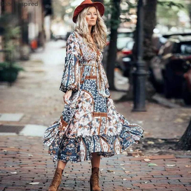 Super CHic long boho dress Spring summer dress long sleeve V neck ruffle dress gypsy women dress hippie chic dress women AliExpress 200000345
