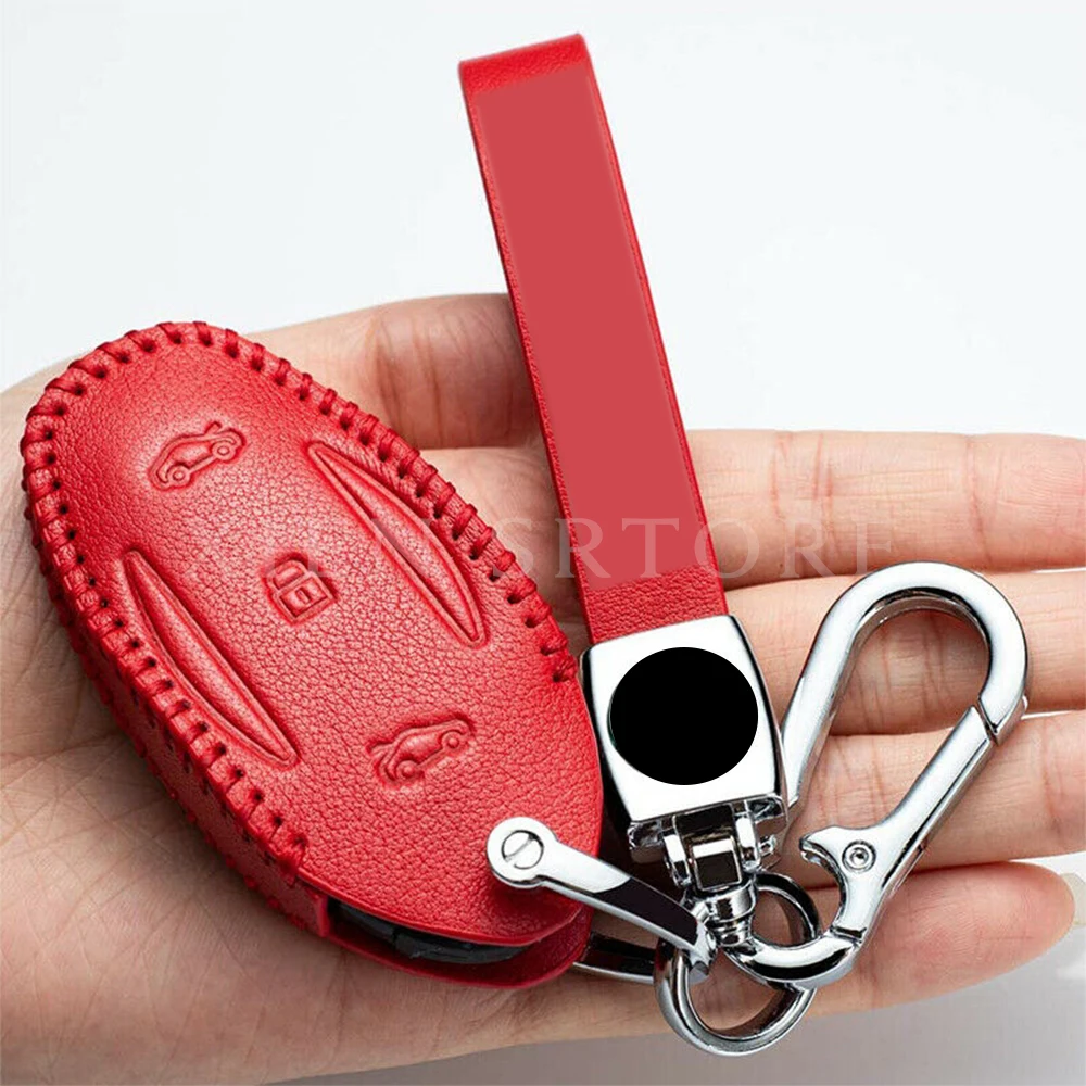 

Leather Car Remote Smart Key Keyless Cover Case FOB Holder Keychain Shell For Tesla Model S Model 3 Accessories Car Styling