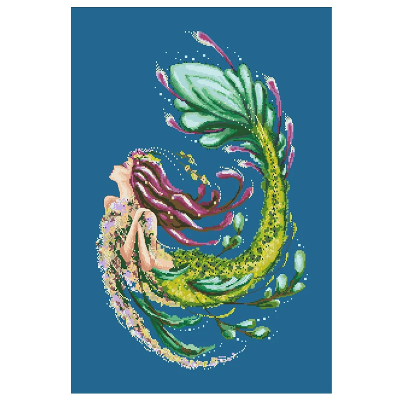 Mermaid fairy cross stitch kit beads pattern design 18ct 14ct 11ct denim blue canvas embroidery DIY needlework