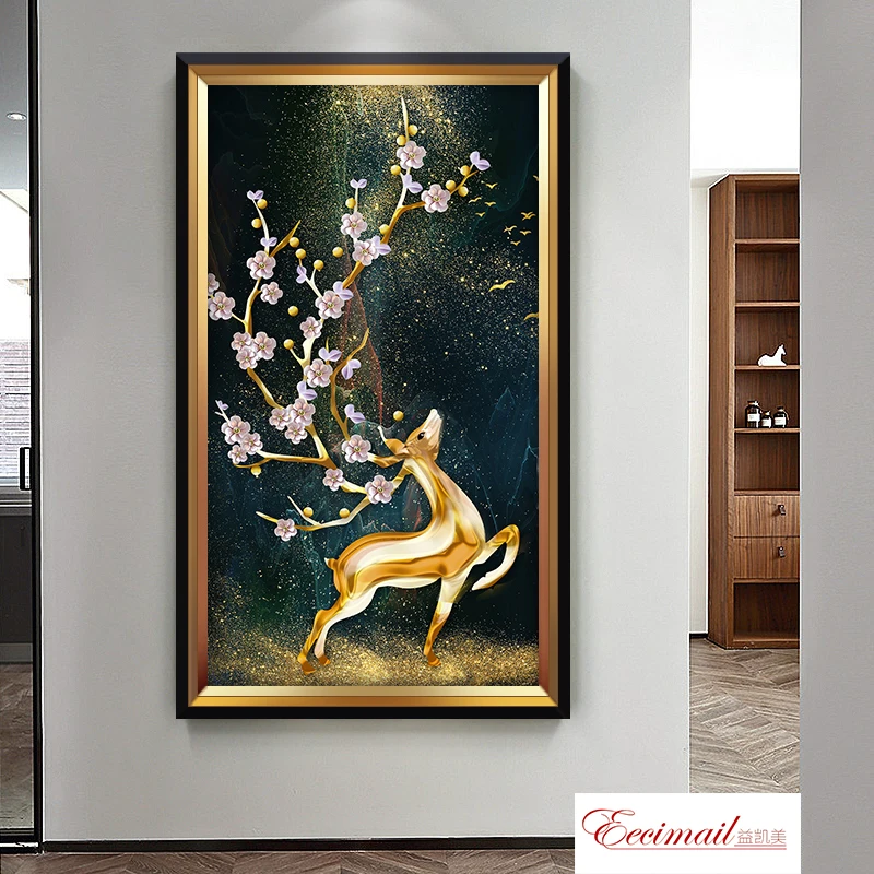 

EECAMAIL 5D Diamond Painting Full Of Diamond Stone Embroidered Retro Charm Wealthy Deer Stick Diamond Cross Stitch Living Room