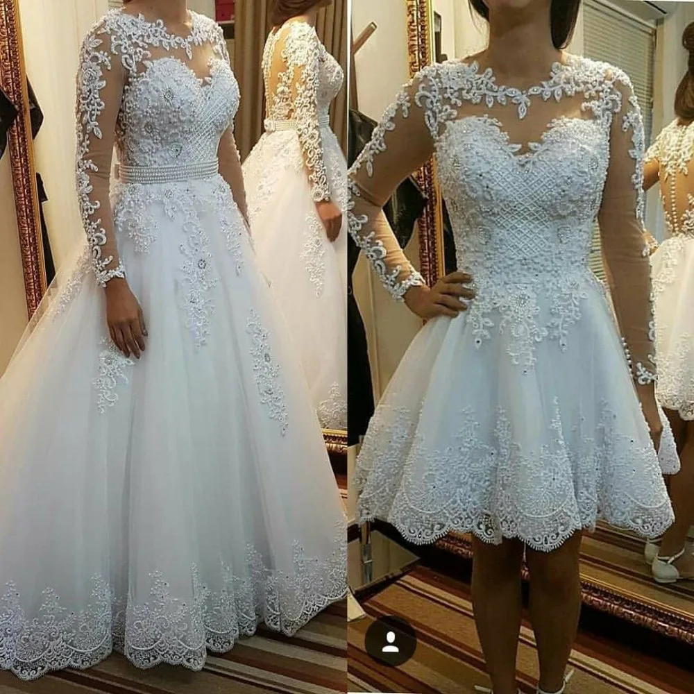 فساتين Sheer Turquia Dubai Frisada Lace Curto Praia vestido de Noiva Vestido de Mangas Compridas Branca Com Trem Destacável Vestidos De Casamento Feitos Sob Medida