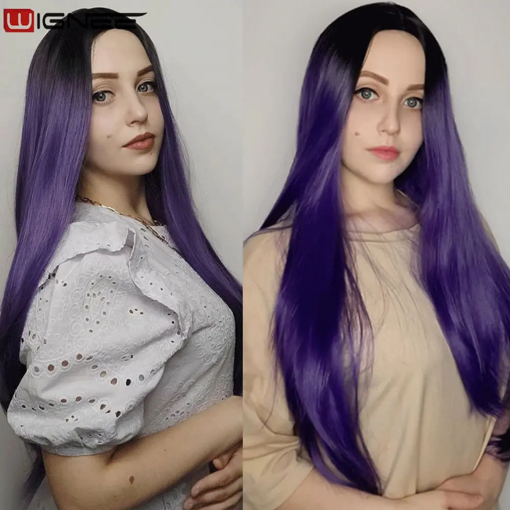 Wignee Long Synthetic Wig Straight Hair Middle Part For Women Ombre Purple Natural Hair Glueless Daily/Cosplay Female Hair Wigs