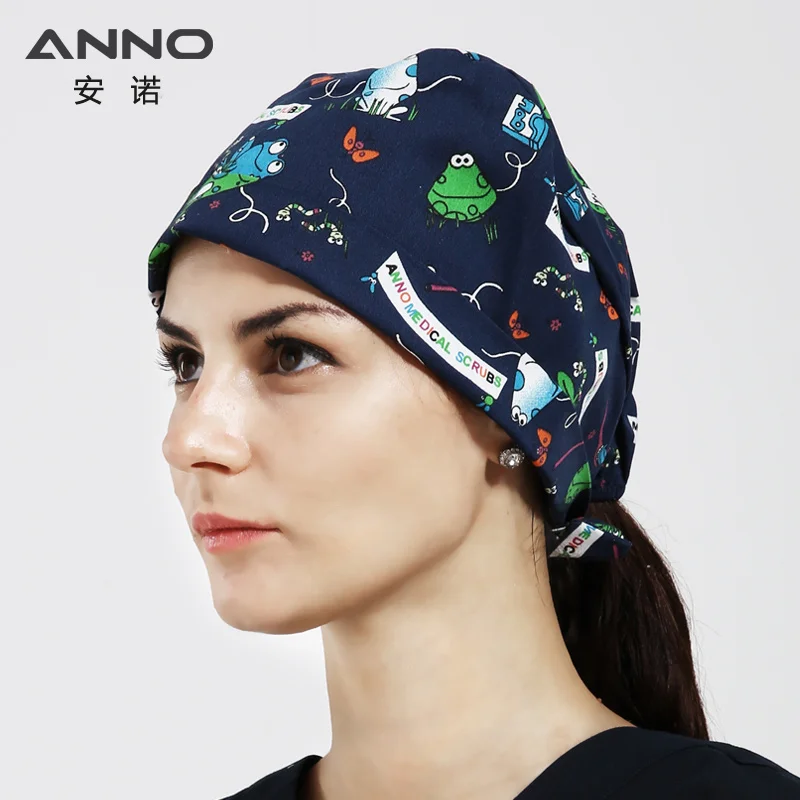 ANNO Cotton Scrub Caps Women Hospital Doctor Nurse Work Hats Nursing Cap Short or Long Hair Head Wear Animal Carton Print