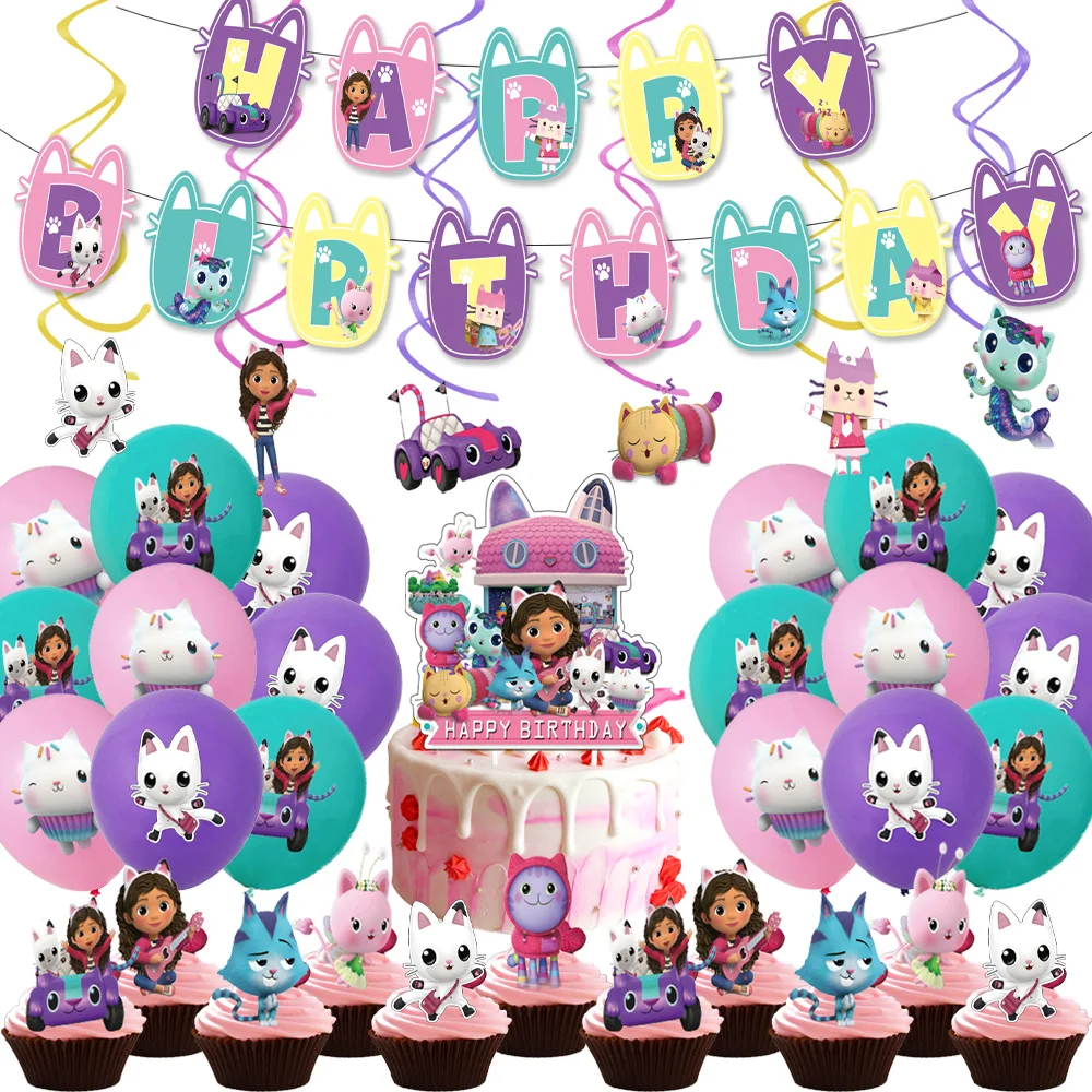 

Cartoon Dollhouse Theme Balloons Party Supplies Gabby Girl Cat Birthday Banner Latex Balloon Decoration Cake Topper Kids Toys