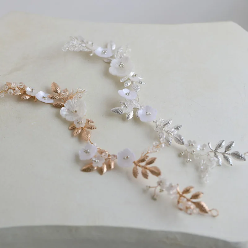 SLBRIDAL Handmade Shell Flower Alloy Leaf Pearls Bridal Hair Vine Headband Wedding Hair Accessories Bridesmaids Women Jewelry