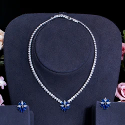 BeaQuee Trendy Chic Blue Flower Cubic Zircon Crystal Earrings and Necklace Jewelry Set for Women Wedding Party Accessories JS296