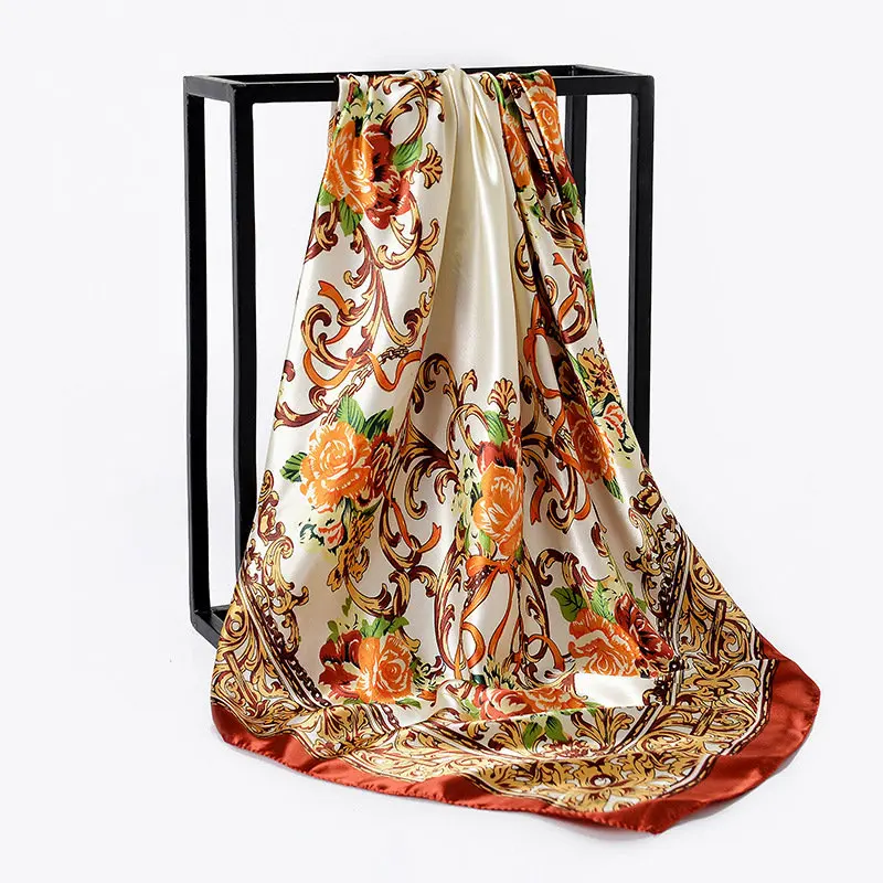 90*90cm Silk Spring Summer Lady Print Big Square Scarf Sunscreen Shawls Women Fashion Small Hair Neck Beach Hijab Bandanna