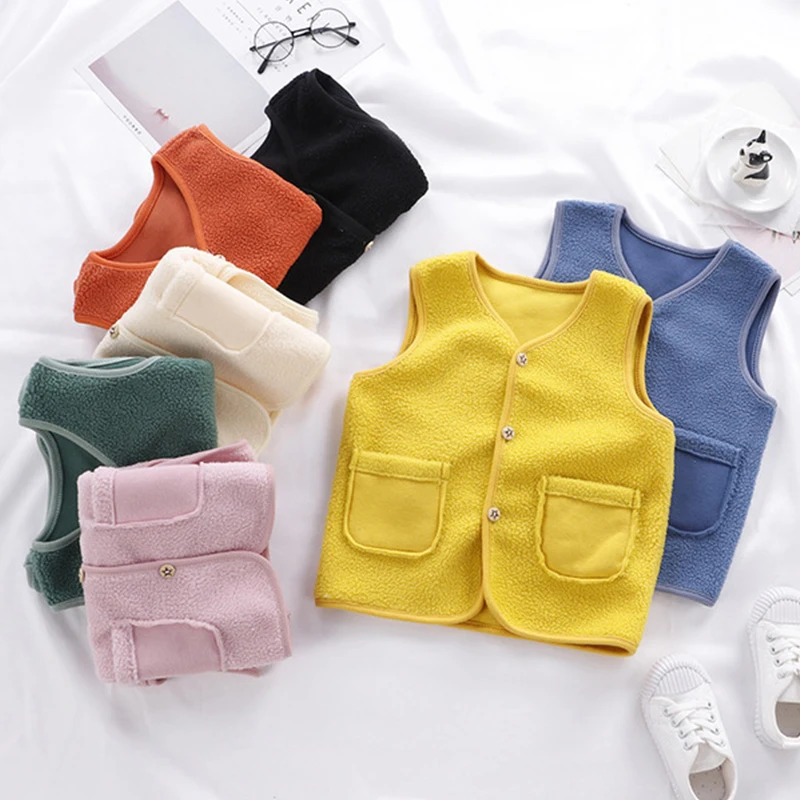 Autumn Toddler Baby Girl Winter Boy Sleeveless Vest Jacket Thickened Coat Kids Warm Polar Fleece Children Clothing Candy Color