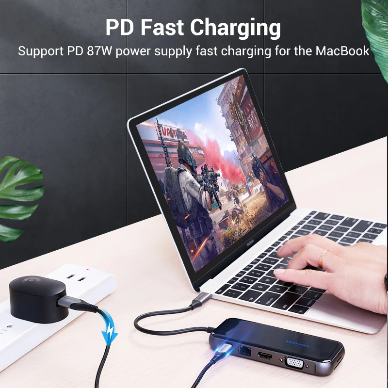 Vention USB C ประเภท C ถึง4K HDMI RJ45 VGA USB 3.0 PD Adapter สำหรับ MacBook Pro 2020 USB-C 3.1 Splitter 10 In 1 USB C HUB